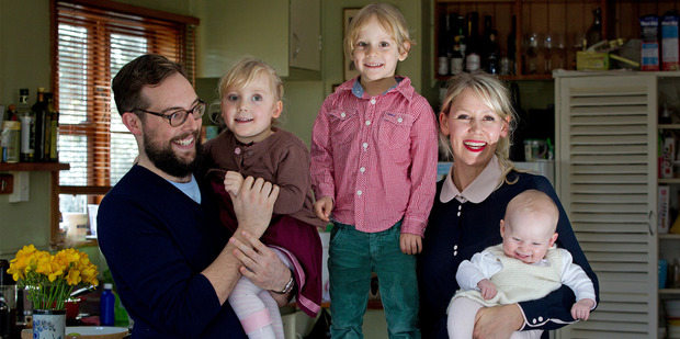 Ingrid Starnes and Simon Pound with four-year-old twins Ned and Olya and baby Gertie, five months. Photo / Sarah Ivey