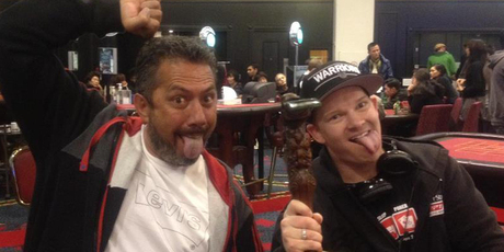 Comedian Mike King (left) and Paul Hockin celebrate coming first and second at the NZ poker championships in Christchurch last weekend. Photo / File.