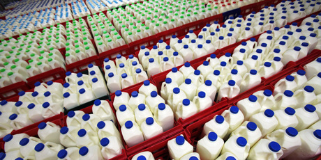 Crates filled with bottles of milk sit in a chiller prior to loading for shipment at the Fonterra factory in Takanini, southern Auckland. Photo / Brendon O'Hagan