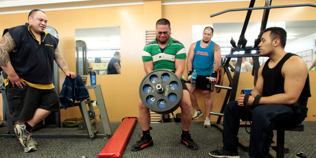 Peni Tavalu gives his all in Foodstuffs' gym. Photo / Michael Craig