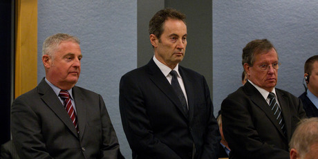 (L to R) Capital and Merchant Finance director Wayne Douglas, director Neal Nicholls and former CEO Owen Tallentire in the dock at Auckland High Court this morning. Photo / Sarah Ivey