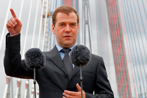Russian Prime Minister Dmitry Medvedev at the opening of the Russky Island Bridge on July 2. Photo / AP