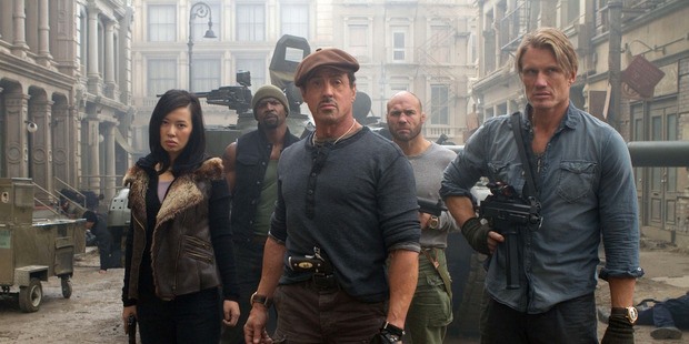 Yu Nan, Terry Crews, Sylvester Stallone, Randy Couture and Dolph Lundgren in a scene from 'The Expendables 2'. Photo /Supplied