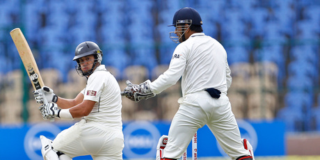 New Zealand captain Ross Taylor on the way to his century against India last night. Photo / AP
