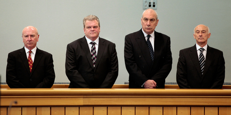 Imagine if we had the stocks option for the Bridgecorp four - (from left) Rod Petricevic, Robert Roest, Gary Urwin and Peter Steigrad. Photo / Brett Phibbs