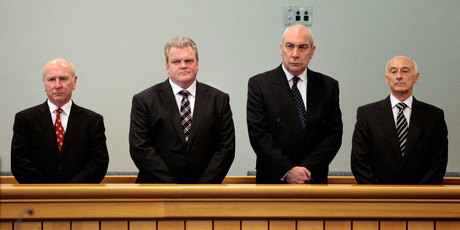 (L- R) Bridgecorp Rod Petricevic, Robert Roest, Gary Urwin and Peter Steigrad, stand in the dock at the Auckland High Court. Photo / Brett Phibbs