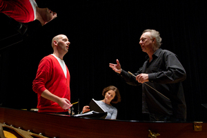 Baritone lead singer James Harrison, composer Eve de Castro-Robinson and conductor Uwe Grodd. Photo / Sarah Ivey