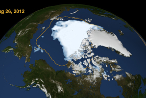 The extent of Arctic sea ice on Aug. 26, 2012, the day the sea ice dipped to its smallest extent ever recorded in more than three decades of satellite measurements. Photo / NASA