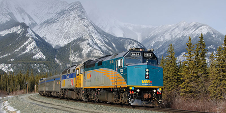 The Canadian is pictured heading west, near Jasper, Alberta. Photo / Creative Commons image by Wikimedia user Timothy Stevens