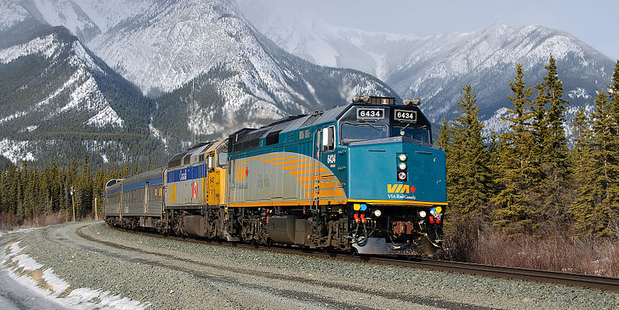 The Canadian is pictured heading west, near Jasper, Alberta. Photo / Creative Commons image by Wikimedia user Timothy Stevens