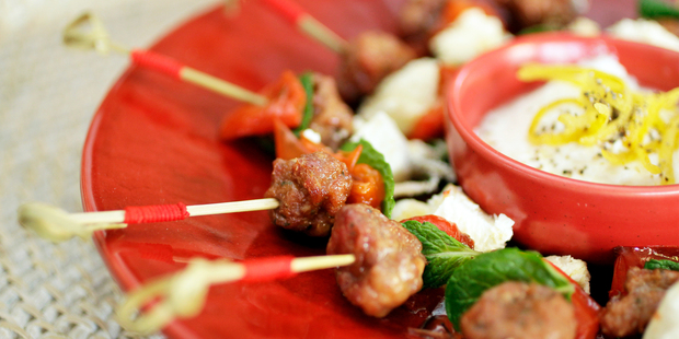 Tasty lamb skewers with mozzarella. Photo / Michael Craig