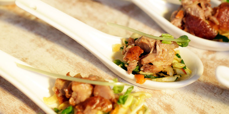 Asian soup spoons topped with Peking duck and coleslaw. Photo / Michael Craig