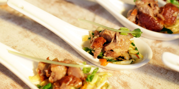 Asian soup spoons topped with Peking duck and coleslaw. Photo / Michael Craig