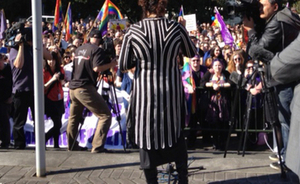 Labour MP Louisa Wall addresses supporters of marriage equality at Parliament. Photo / Audrey Young