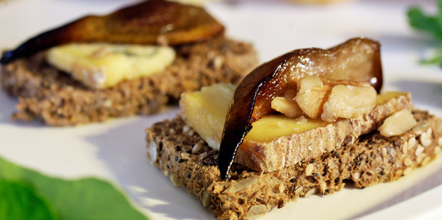 Blue cheese with roasted pear and walnuts on rye bread. Photo / Michael Craig