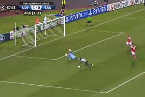 Udinese defender Pablo Armermo quickly went from hero to embarrassed villain in his Italian side's Champions League qualifying match today. Photo / youtube.
