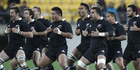 The All Blacks perform the Haka before their Rugby Championship international against Argentina in Wellington.