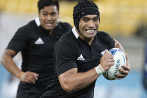 All Blacks flanker Victor Veto on the attack during the Investec test match against the Pumas at Westpac Stadium, Wellington. 08 September 2012. New Zealand Herald photograph by Mark Mitchell.