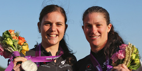 Silver medalists Phillipa Gray and Laura Thompson. Photo / Getty Images