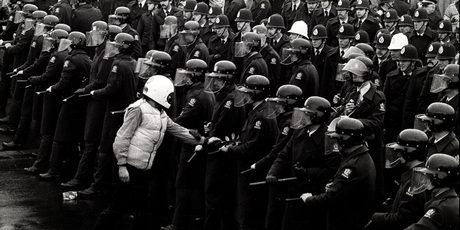 A protester places an olive branch onto the truncheon during protests at the All Blacks test against South Africa. File Photo / NZ Herald