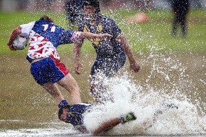 Central Southland College's Ben Platfoot is tackled by Auckland Grammar defence during the secondary schools league tournament in Papakura. Photo / Brett Phibbs