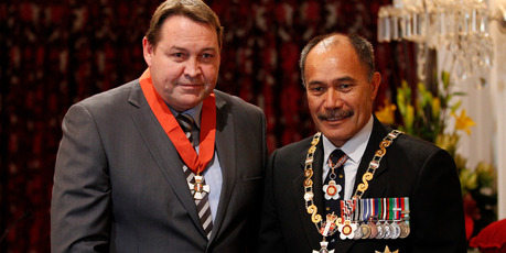 All Blacks coach Steve Hansen with Governor-General Lt General Sir Jerry Mateparae, during his investiture at Government House in Wellington today. Photo / Mark Mitchell
