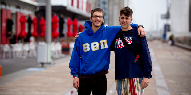 Aucklander Vinnie Sayegh (left) showed Wynyard Quarter to San Francisco friend Christian Brown, who liked the mix of Maori and modern in the architecture. Photo / Dean Purcell