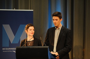 Otago University students Alice Osman and Louis Chambers speak at the two-day conference, where 50 students drew up a written constitution. Photo / Mark Tantrum