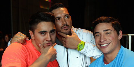 From left, Shaun Johnson, Feleti Mateo and Kevin Locke modelled at Fashion Week. Photo / Doug Sherring