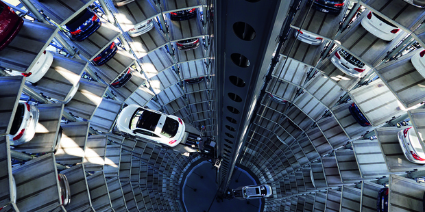 Volkswagen owners can collect cars from the Autostadt Car Towers in Germany with the help of an electric arm, which pulls out the car and lowers it to the ground floor. Photo / Supplied