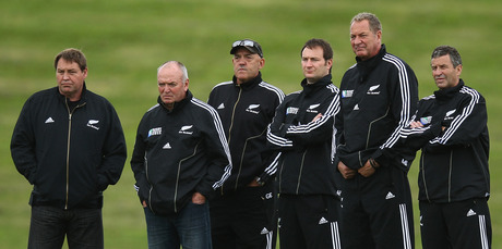 The team that steered the All Blacks to Rugby World Cup victory last year, from left, Steve Hansen, Graham Henry, Gilbert Enoka, Alistair Rogers, Mick Byrne and Wayne Smith. Photo / Getty Images