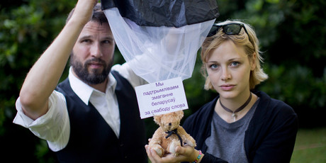 Mazetti and Frey intruded Belarus' airspace with a Swedish light plane and dropped in hundreds of teddy bears decked out in parachutes and slogans supporting human rights. Photo / AP