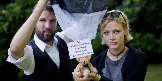 Mazetti and Frey intruded Belarus' airspace with a Swedish light plane and dropped in hundreds of teddy bears decked out in parachutes and slogans supporting human rights. Photo / AP