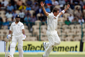 Tim Southee's dismissal of India's captain MS Dhoni for 62 in Bangalore yesterday was part of a career-best bowling performance. Photo / AP
