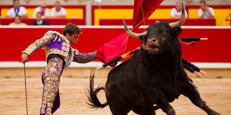 Spanish bullfighter Julian Lopez 'El Juli' performs with a Victoriano del Rio ranch fighting bull during a bullfight during the San Fermin festival, in Pamplona, Spain. Photo / AP