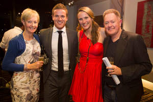 Lisa Hampton, left and The Block winners Libby and Ben Crawford, centre, and Stewart Hampton celebrate the Hamptons buying the Anzac Road house for $961,000. Photo / Greg Bowker