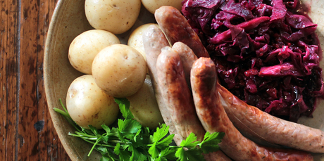 Braised red cabbage with sausage and potatoes. Photo / Doug Sherring