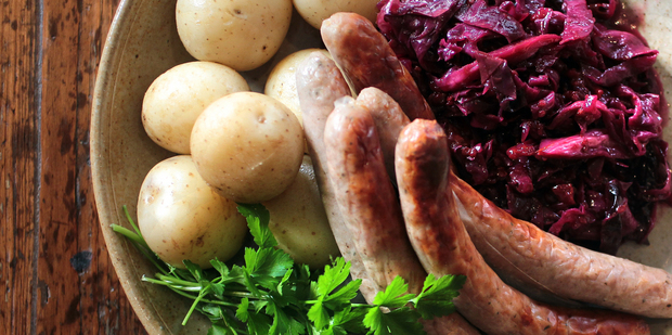 Braised red cabbage with sausage and potatoes. Photo / Doug Sherring
