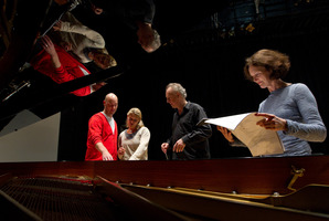 Baritone lead singer James Harrison, soprano singer Ursula Langmayr, conductor Uwe Grodd and composer Eve de Castro-Robinson. Photo / Supplied