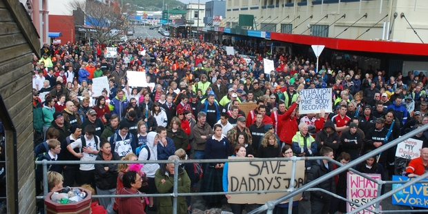 Protesters filled the streets of Greymouth. Photo / Greymouth Star