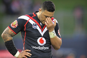 Feleti Mateo reacts after the Warriors' defeat to the Raiders on Sunday. Photo / Greg Bowker