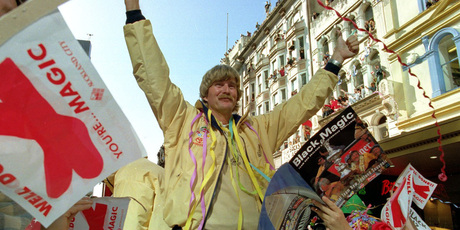 Sir Peter Blake heads the 1995 America's Cup victory parade through Auckland. Photo / File