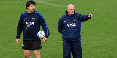 Graham Henry and coach Santiago Phelan talk during an Argentina training session. Photo / Getty Images
