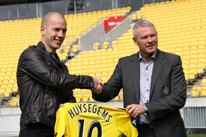 New Wellington Phoenix signing Stein Huysegems with coach Ricki Herbert. Photo / Guy Smith / Yellow Fever.