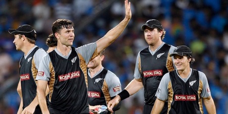 James Franklin and Black Caps teammates celebrate after winning the Twenty20 international against India in Chennai. Photo / AP