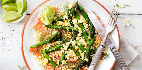 Asparagus, salmon carpaccio, egg and anchovy crumbs. Photo / Babiche Martens