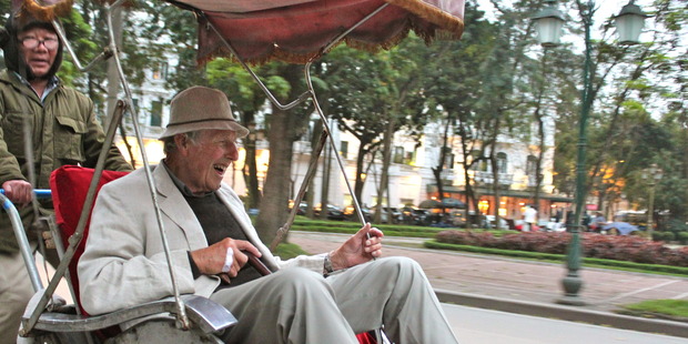 Paul Jeffries revels in the sights of the Old Quarter, Hanoi, in a cyclo. Photo / Jane Jeffries