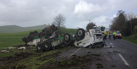 The scene of a crash involving a milk tanker near Cambridge in the Waikato today. Photo / Christine Cornege