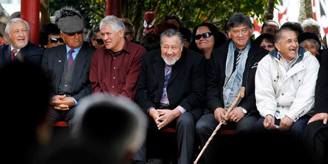 Maori Party co-leader Pita Sharples (centre) with other dignitaries including Joe Malcolm and Toby Curtis (far left) at Turangawaewae Marae in Ngaruawahia. Photo / Christine Cornege