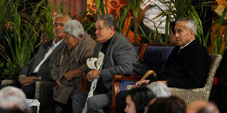 King Tuheitia (centre) watches and listens to the speakers during the national water hui. Photo / Christine Cornege